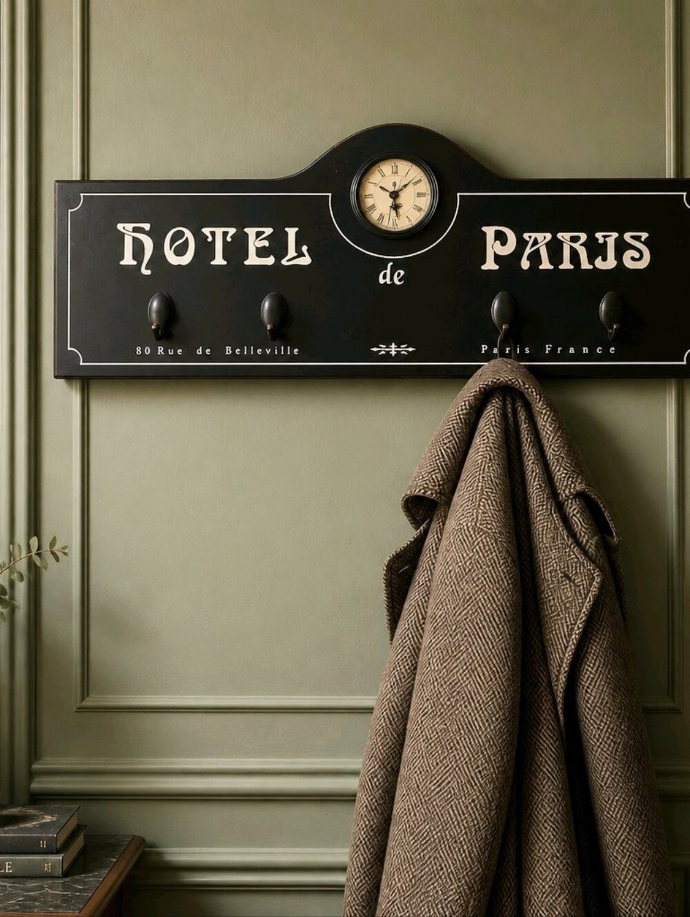 Hotel de Paris Black Wall Hook Rack with Clock #838